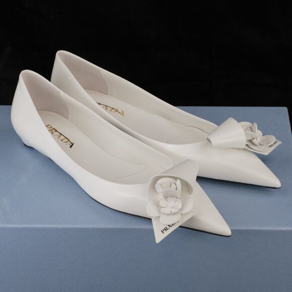 Prada Sculptural Twist Floral-Appliqued Ballerina Flats, White Polished Leather - Picture 4 of 12
